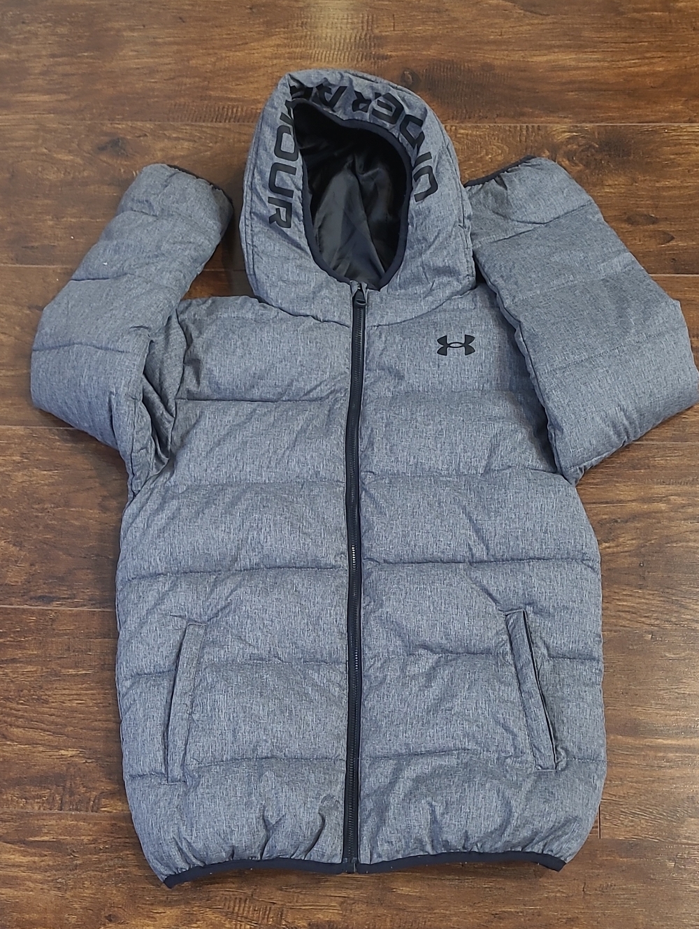 Under Armour Kids Heather Gray Puffer Jacket with Hood Winter Fall Size Ym/jm